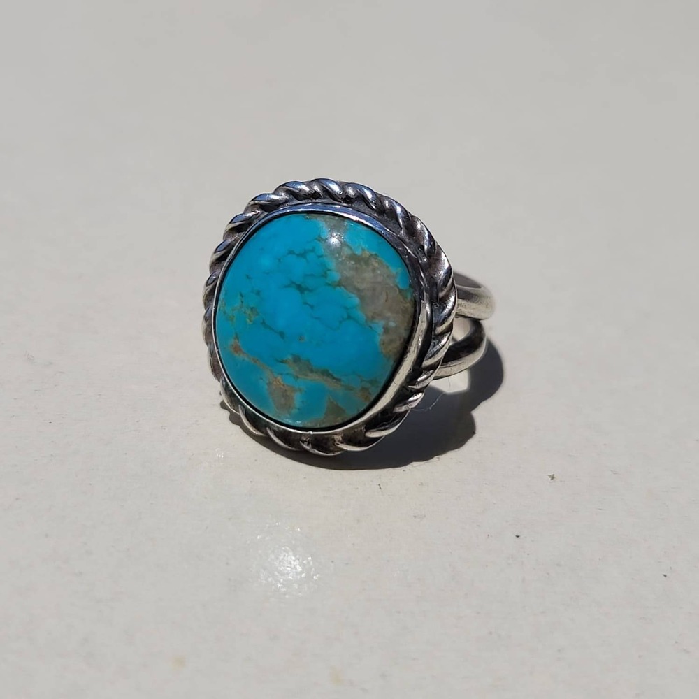 Vintage Sterling Silver Turquoise Ring Size 4.75 Blue Rope Edge Split Shank
